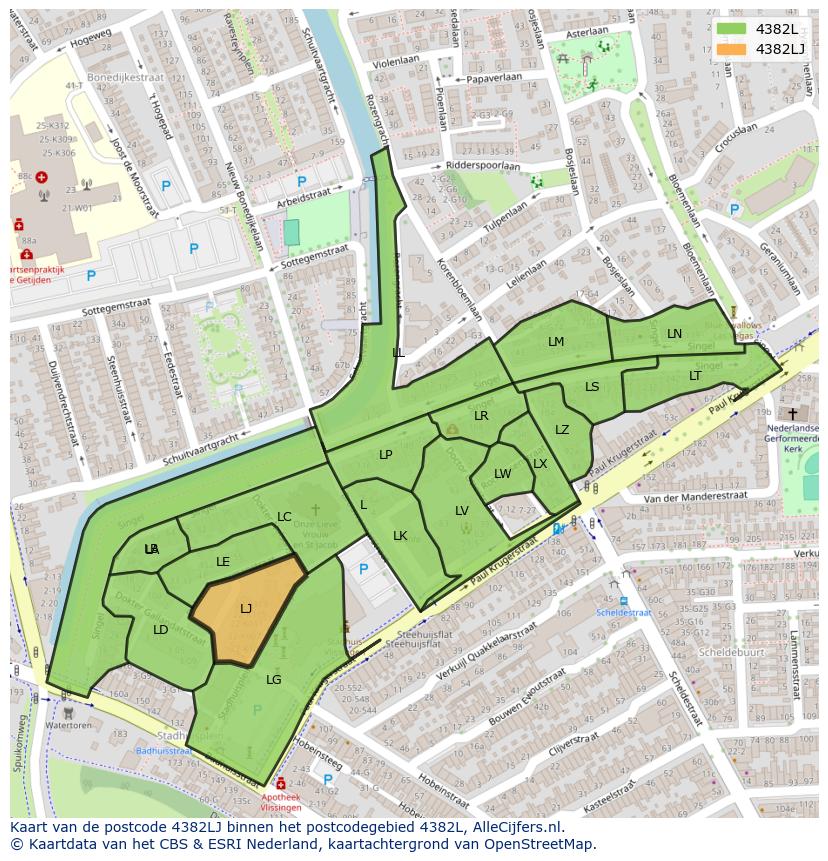 Afbeelding van het postcodegebied 4382 LJ op de kaart.