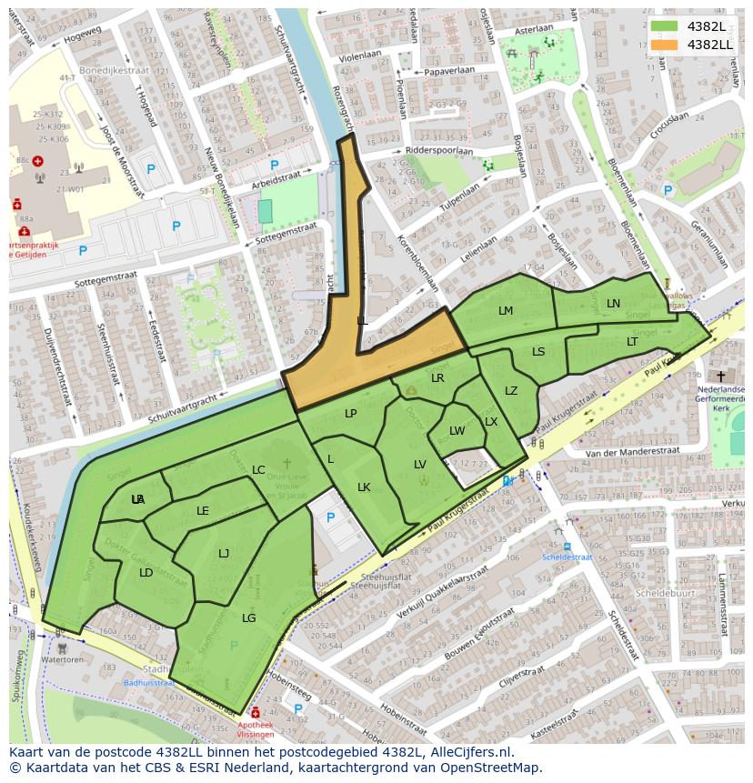 Afbeelding van het postcodegebied 4382 LL op de kaart.