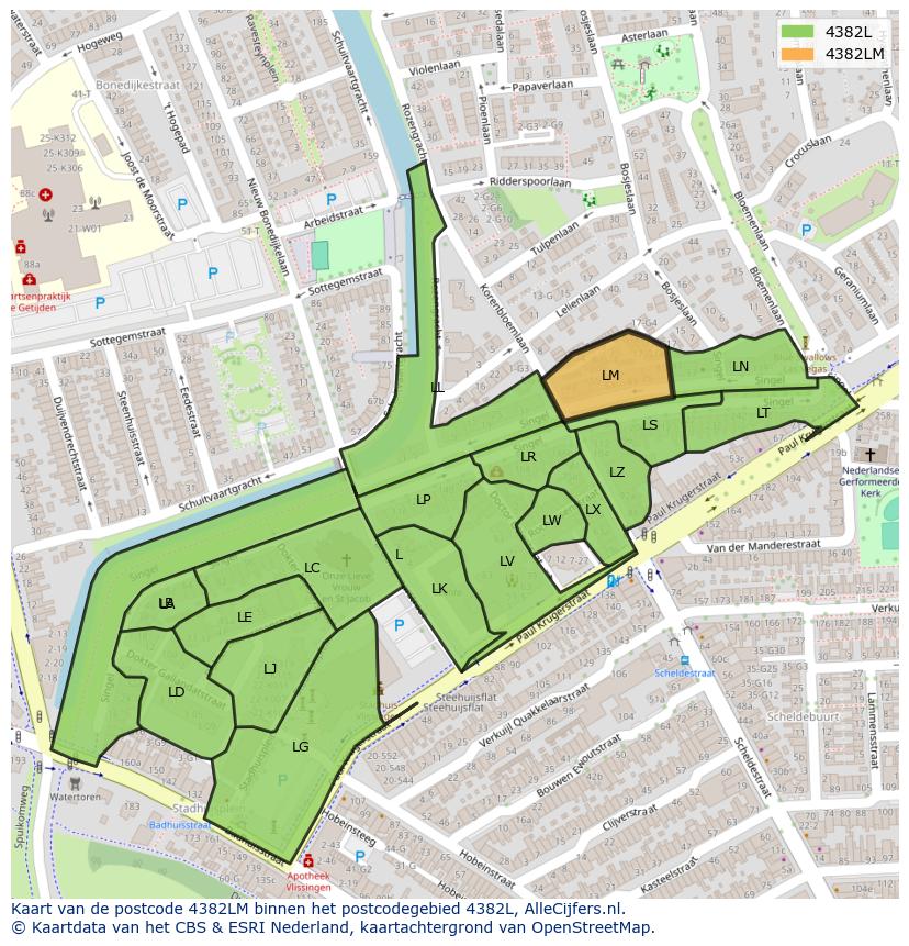 Afbeelding van het postcodegebied 4382 LM op de kaart.