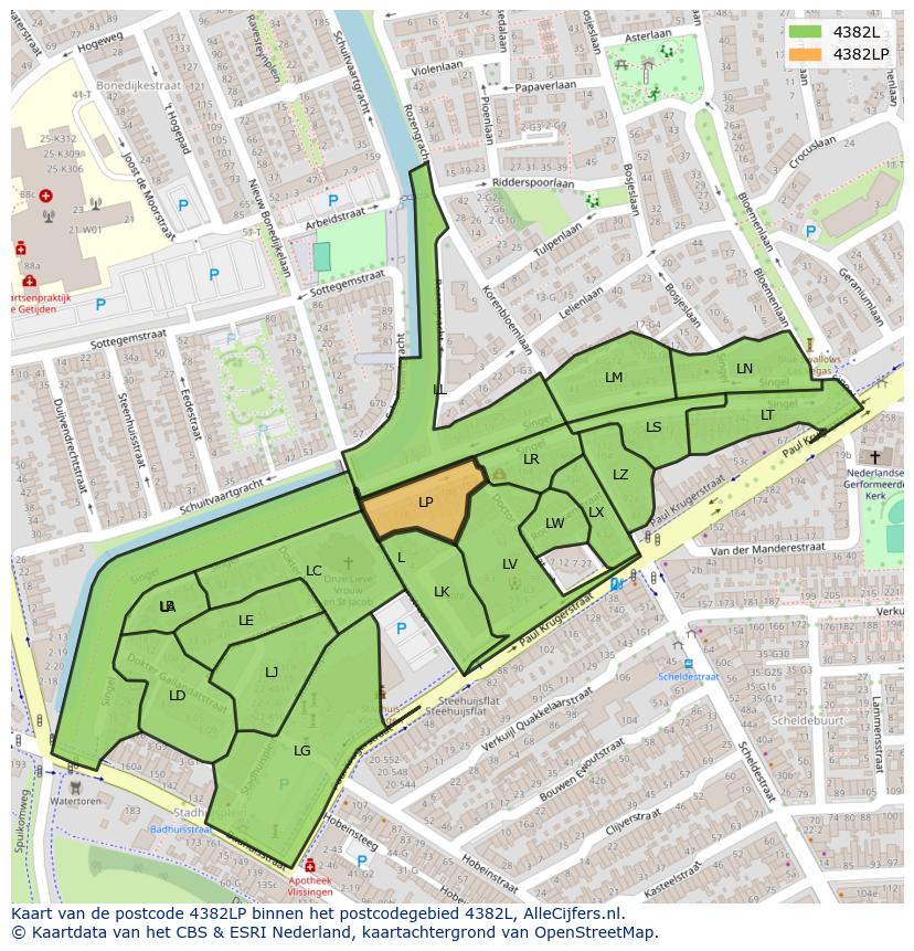 Afbeelding van het postcodegebied 4382 LP op de kaart.
