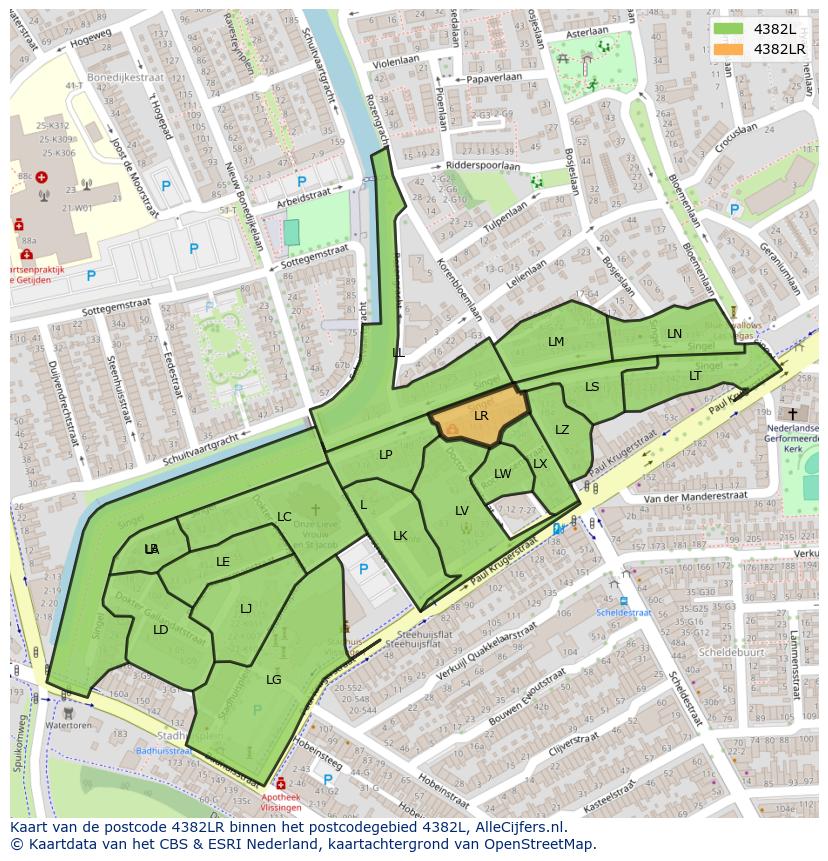 Afbeelding van het postcodegebied 4382 LR op de kaart.