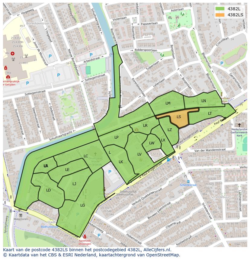 Afbeelding van het postcodegebied 4382 LS op de kaart.