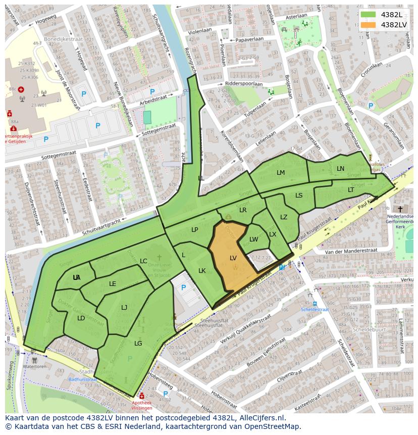 Afbeelding van het postcodegebied 4382 LV op de kaart.