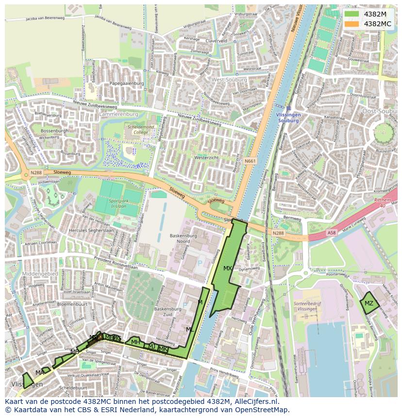 Afbeelding van het postcodegebied 4382 MC op de kaart.