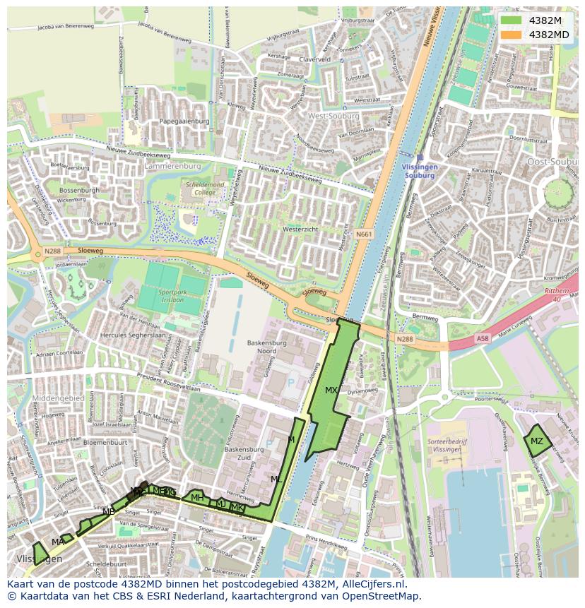 Afbeelding van het postcodegebied 4382 MD op de kaart.