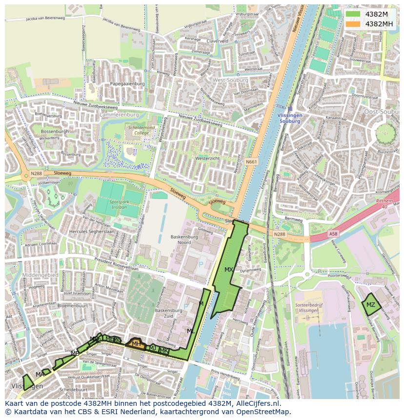 Afbeelding van het postcodegebied 4382 MH op de kaart.
