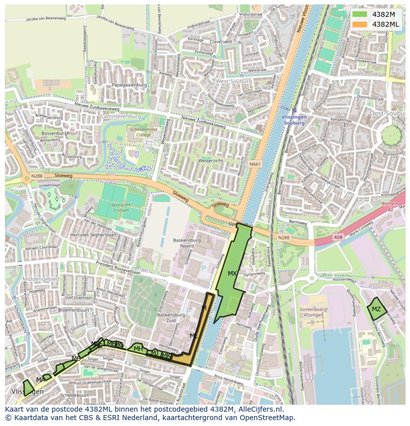 Afbeelding van het postcodegebied 4382 ML op de kaart.