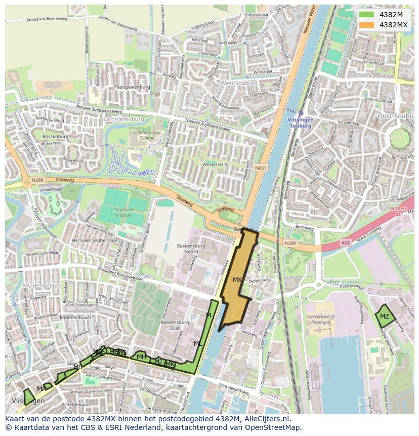 Afbeelding van het postcodegebied 4382 MX op de kaart.