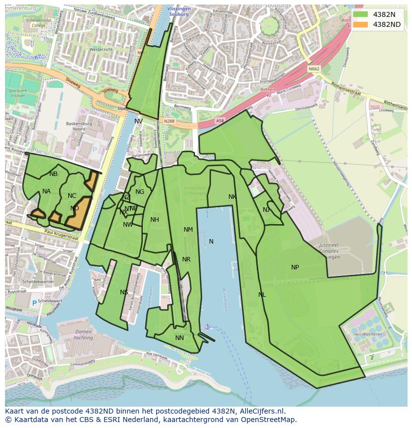 Afbeelding van het postcodegebied 4382 ND op de kaart.