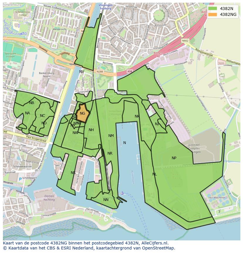 Afbeelding van het postcodegebied 4382 NG op de kaart.