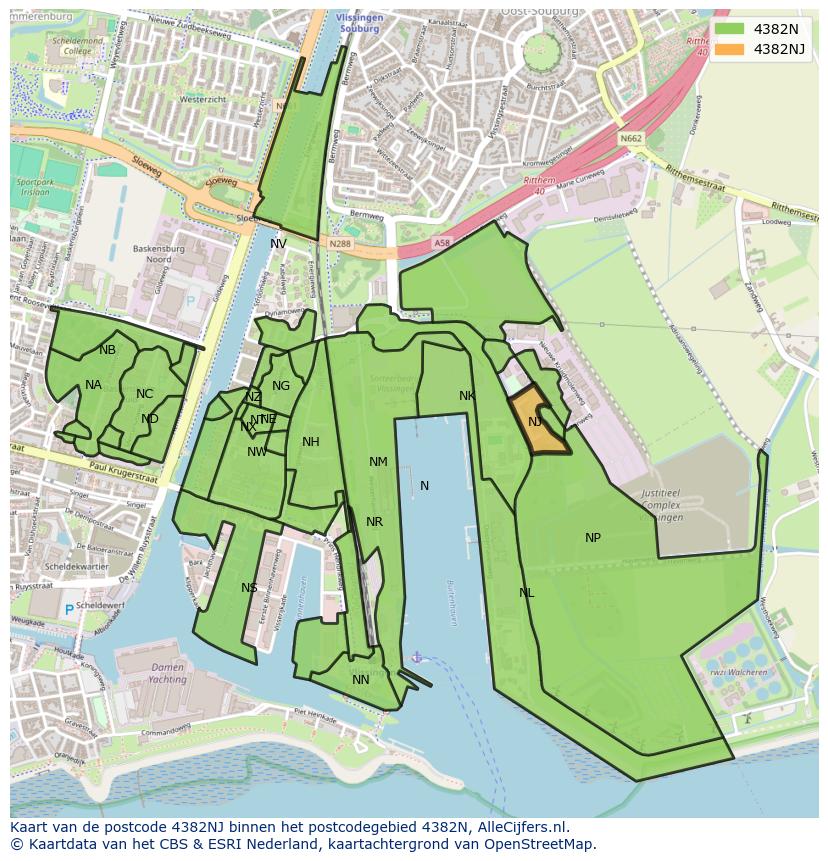 Afbeelding van het postcodegebied 4382 NJ op de kaart.