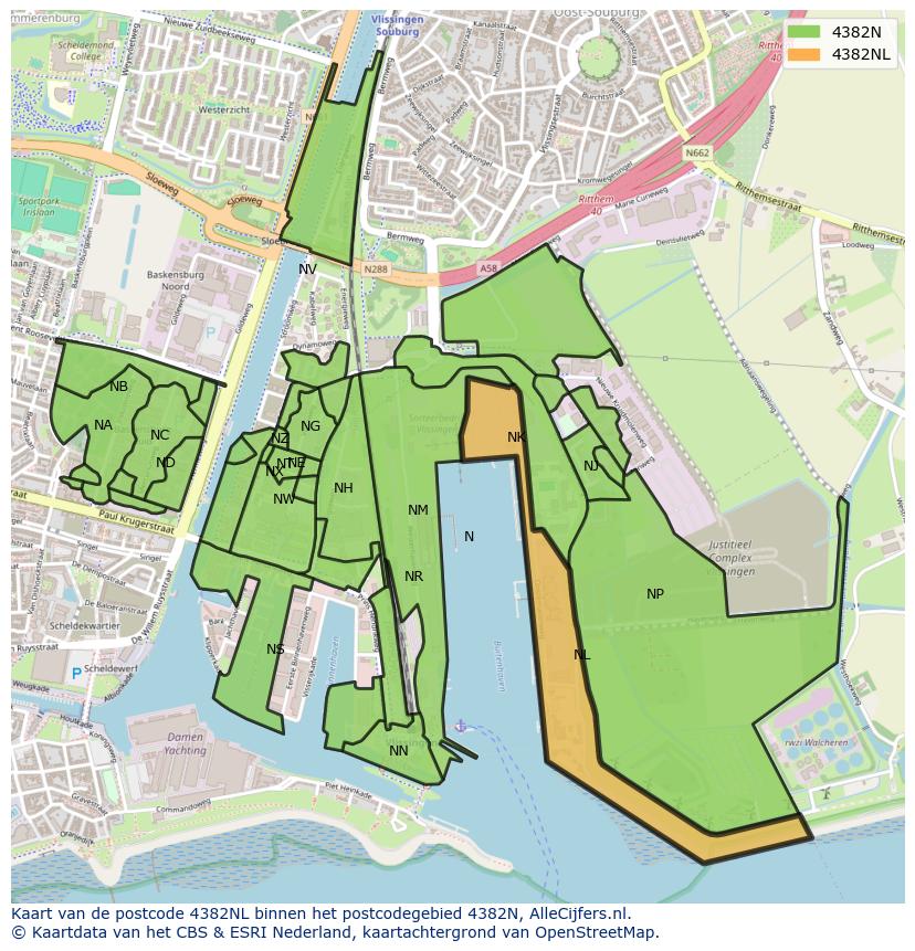 Afbeelding van het postcodegebied 4382 NL op de kaart.