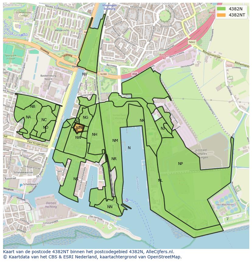 Afbeelding van het postcodegebied 4382 NT op de kaart.