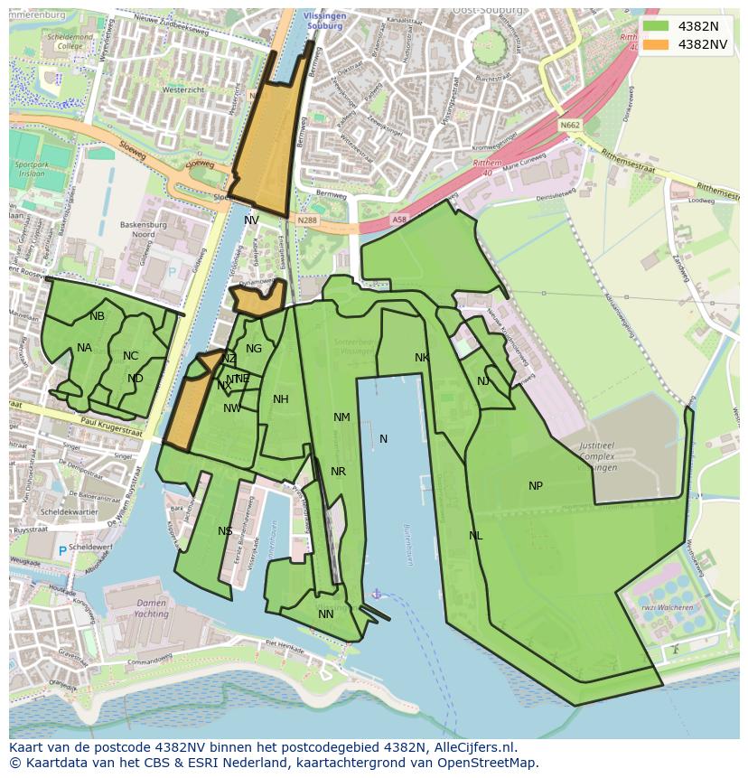 Afbeelding van het postcodegebied 4382 NV op de kaart.