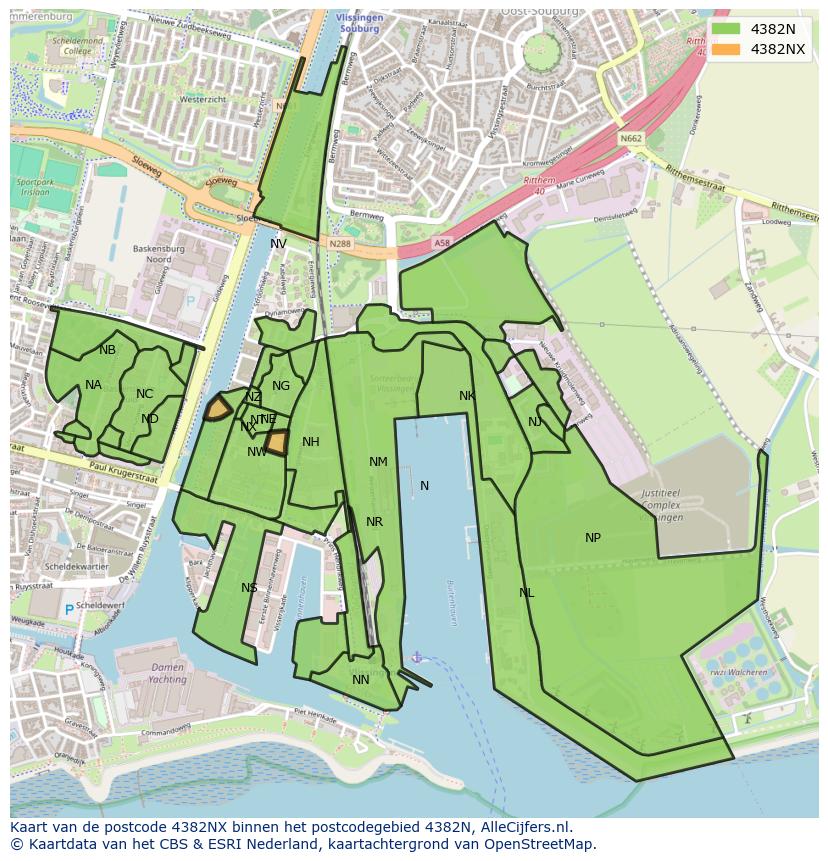 Afbeelding van het postcodegebied 4382 NX op de kaart.