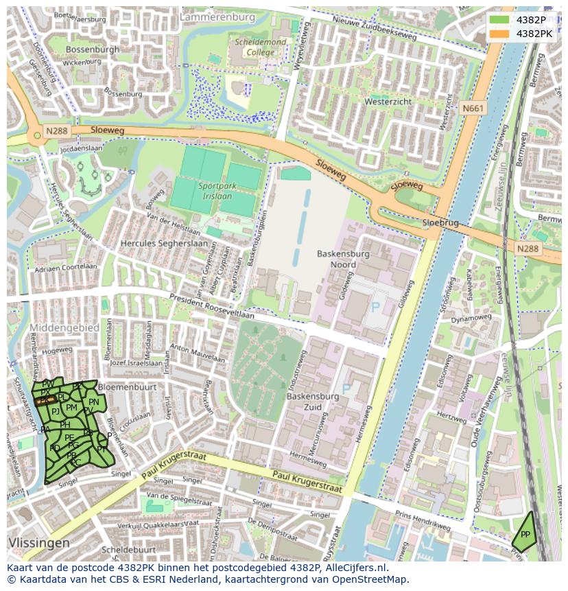 Afbeelding van het postcodegebied 4382 PK op de kaart.