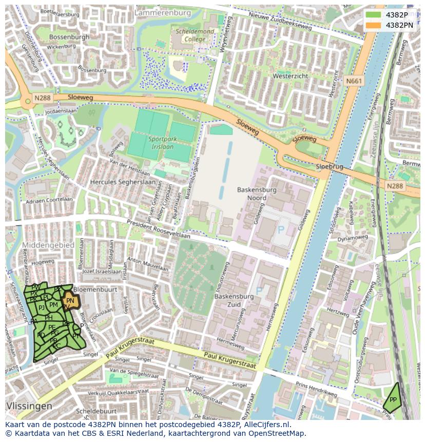 Afbeelding van het postcodegebied 4382 PN op de kaart.