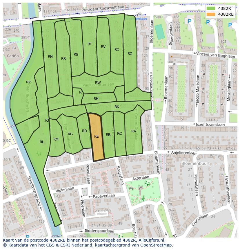 Afbeelding van het postcodegebied 4382 RE op de kaart.