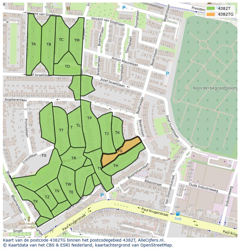 Afbeelding van het postcodegebied 4382 TG op de kaart.