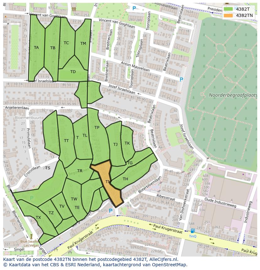 Afbeelding van het postcodegebied 4382 TN op de kaart.