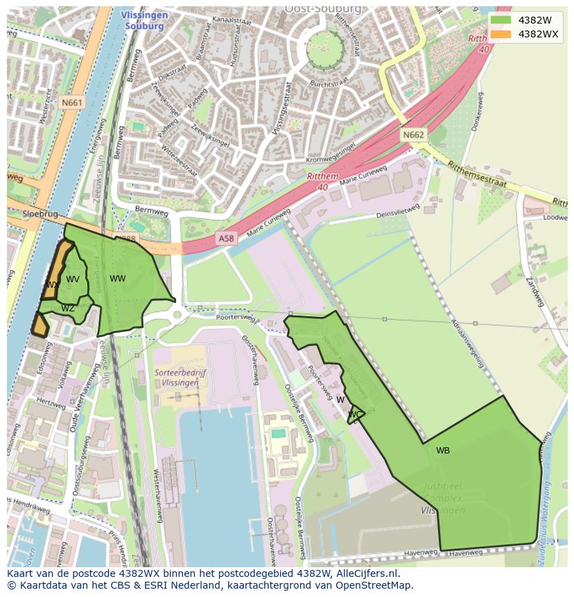 Afbeelding van het postcodegebied 4382 WX op de kaart.