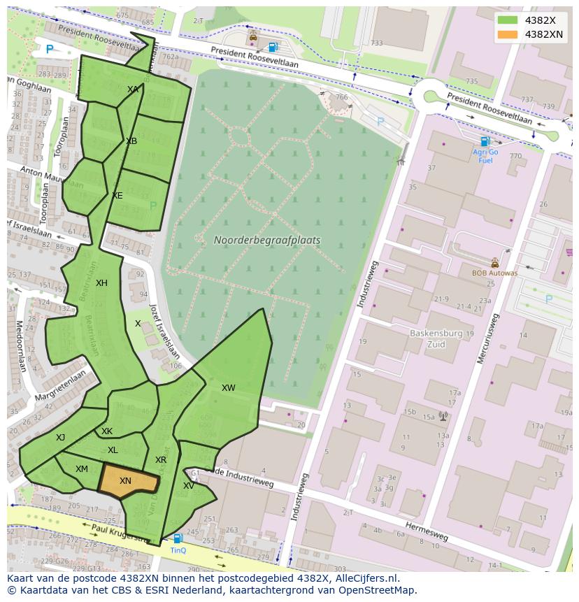 Afbeelding van het postcodegebied 4382 XN op de kaart.