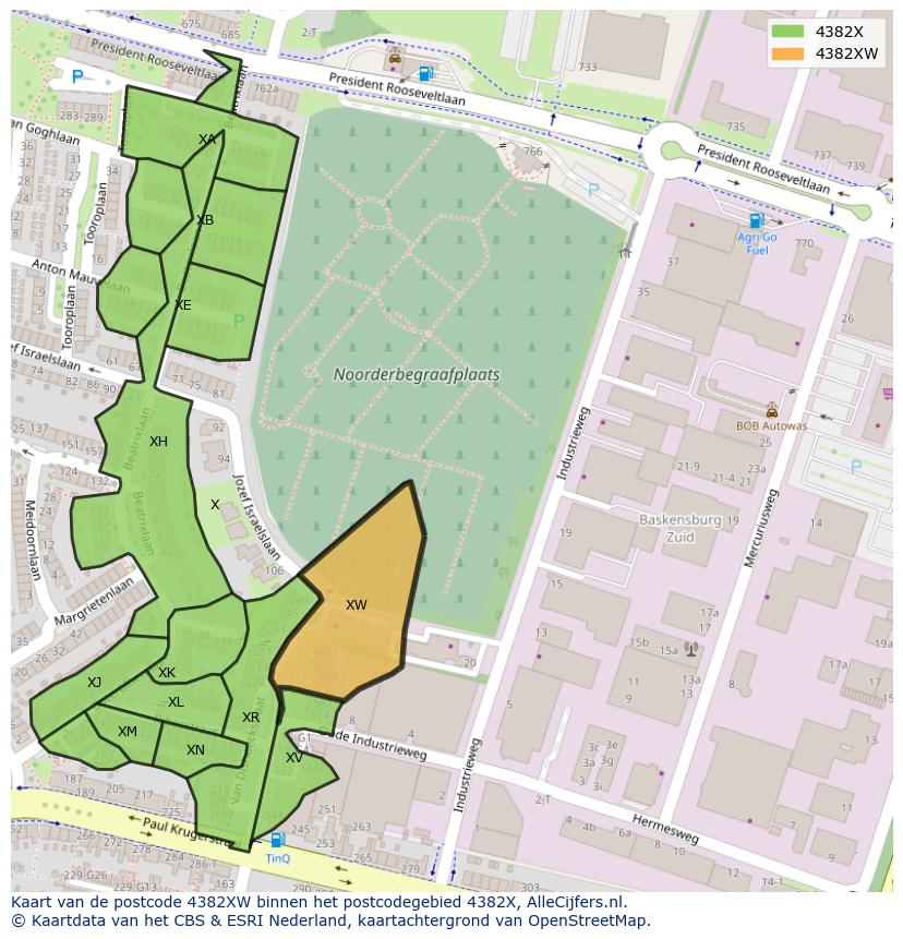 Afbeelding van het postcodegebied 4382 XW op de kaart.