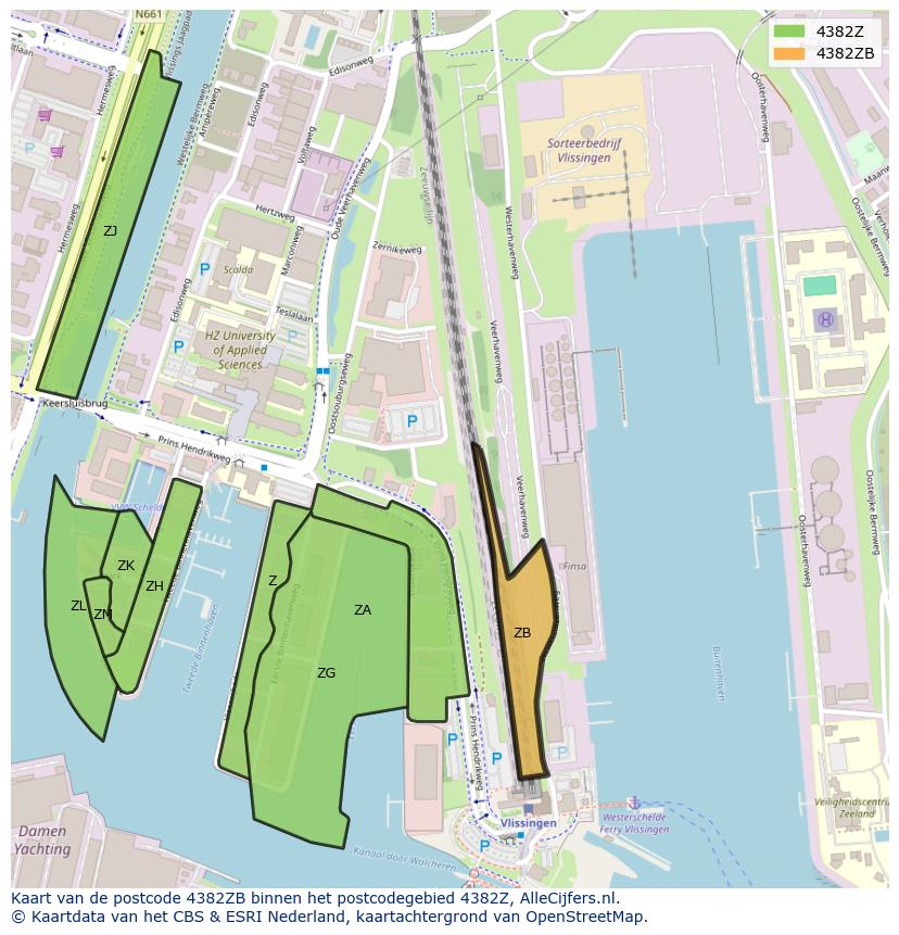 Afbeelding van het postcodegebied 4382 ZB op de kaart.