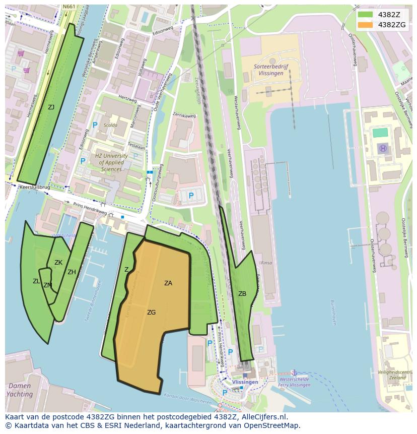Afbeelding van het postcodegebied 4382 ZG op de kaart.