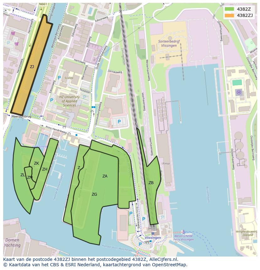 Afbeelding van het postcodegebied 4382 ZJ op de kaart.