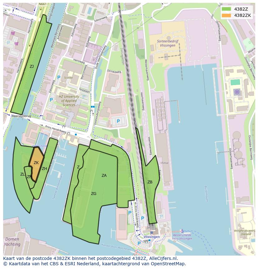 Afbeelding van het postcodegebied 4382 ZK op de kaart.