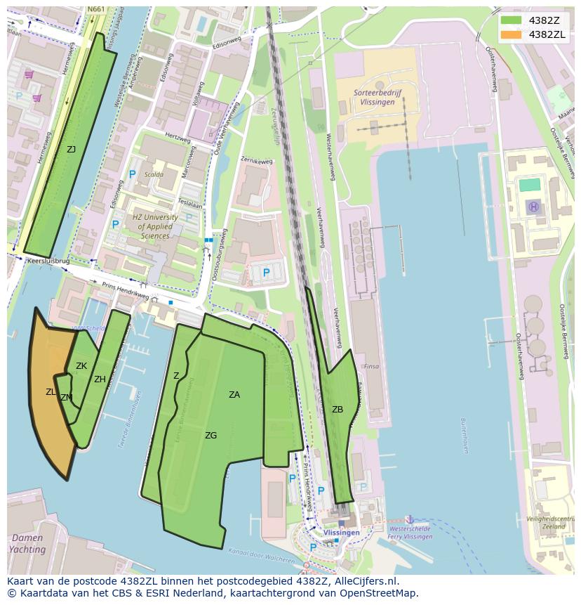 Afbeelding van het postcodegebied 4382 ZL op de kaart.