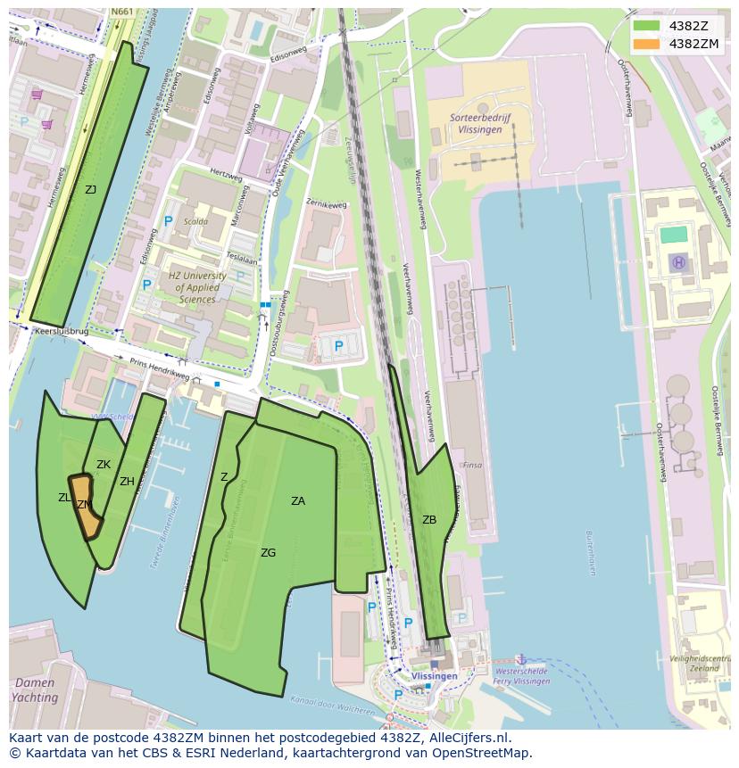 Afbeelding van het postcodegebied 4382 ZM op de kaart.
