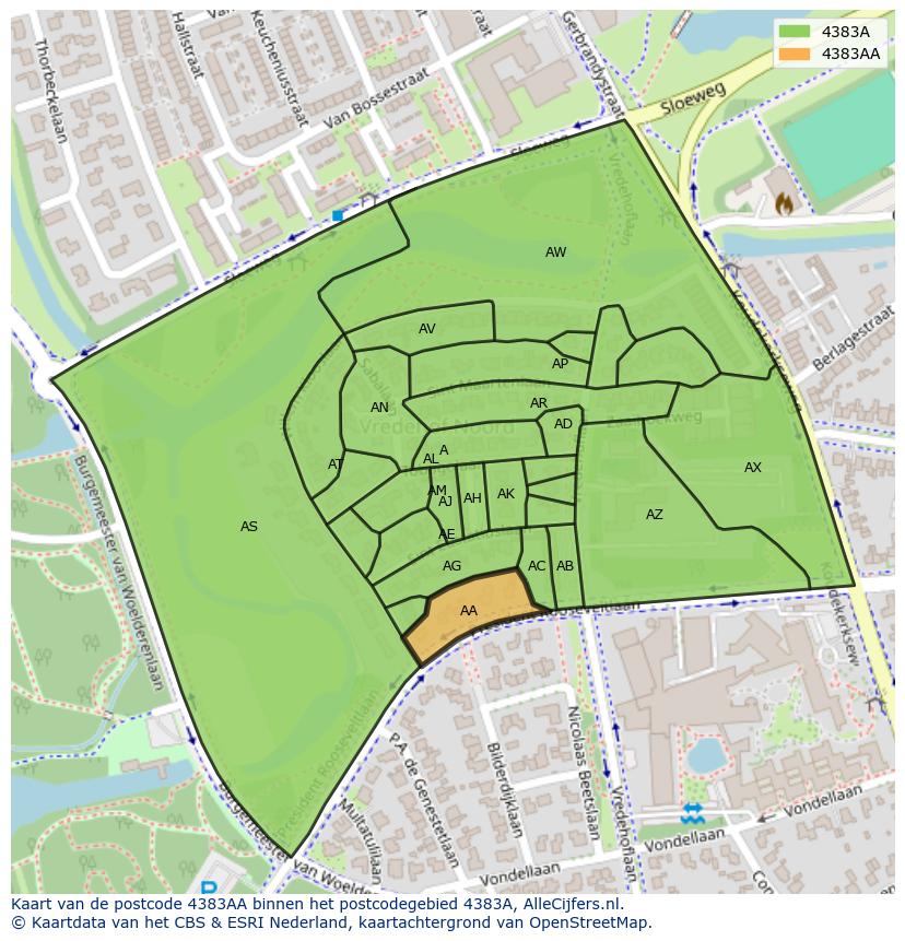 Afbeelding van het postcodegebied 4383 AA op de kaart.