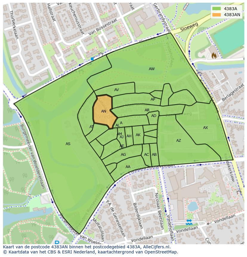 Afbeelding van het postcodegebied 4383 AN op de kaart.