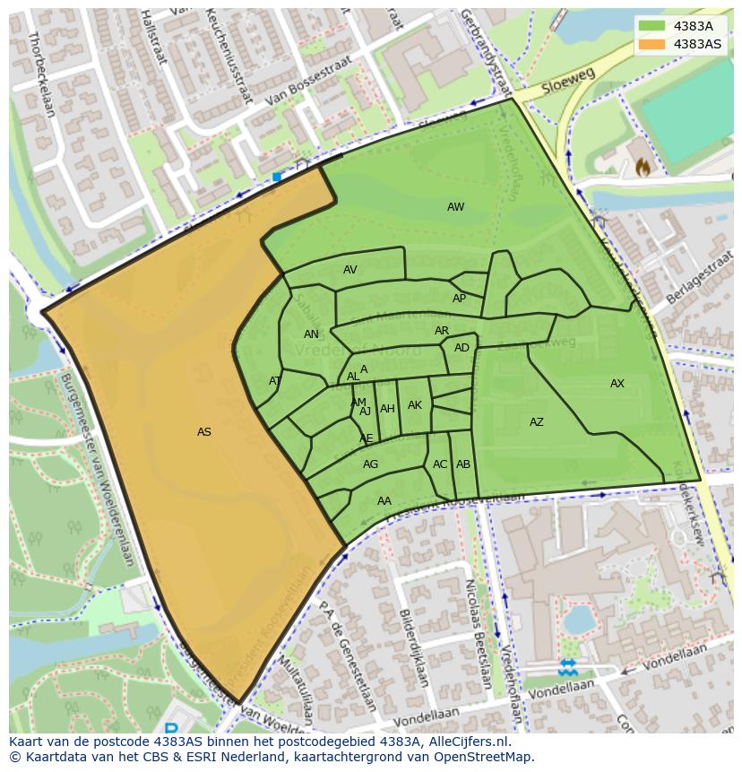 Afbeelding van het postcodegebied 4383 AS op de kaart.