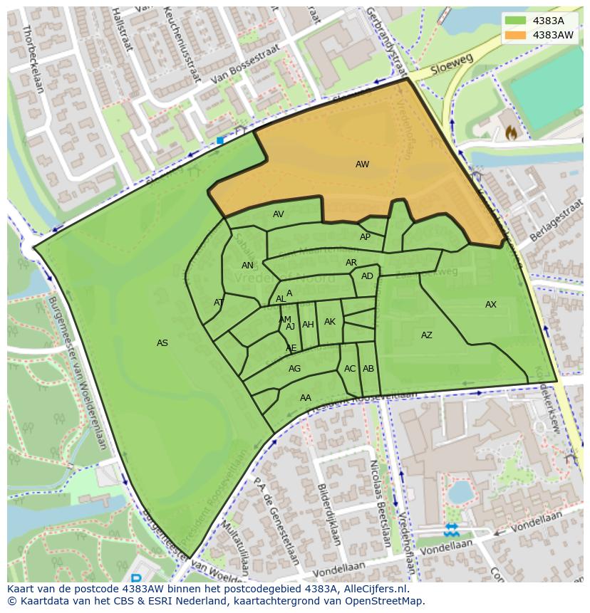 Afbeelding van het postcodegebied 4383 AW op de kaart.