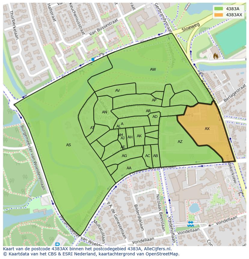 Afbeelding van het postcodegebied 4383 AX op de kaart.