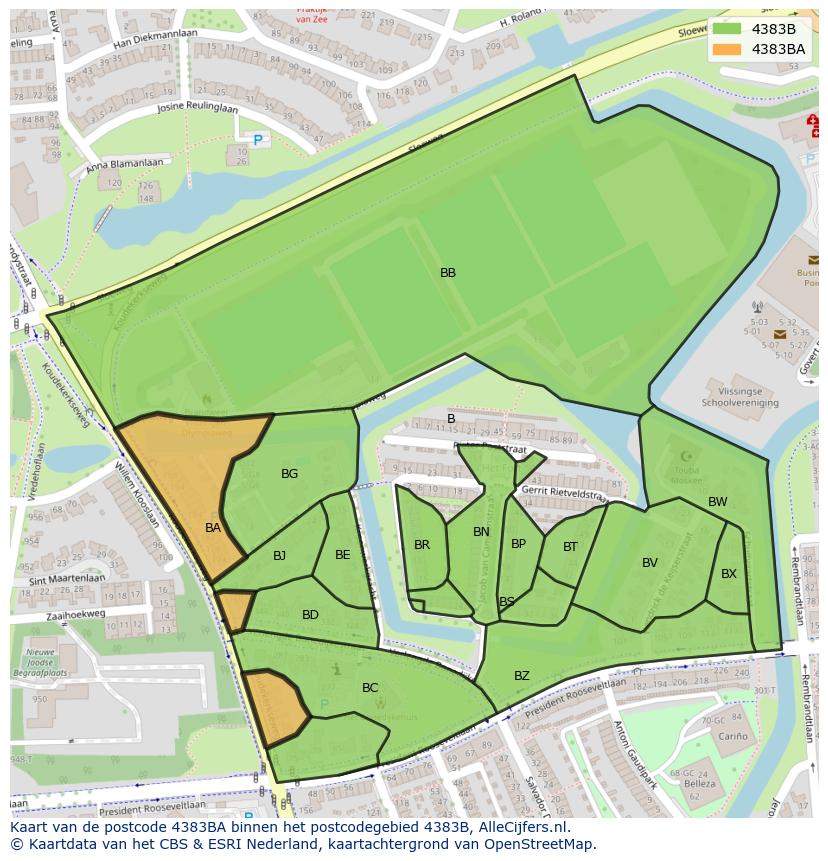 Afbeelding van het postcodegebied 4383 BA op de kaart.