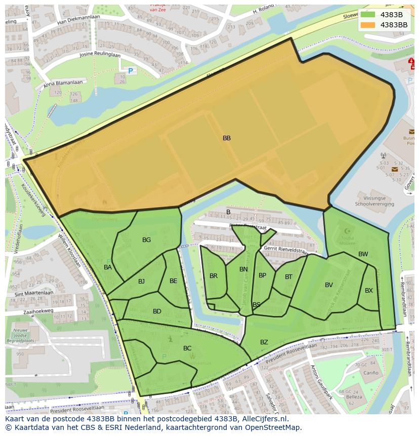 Afbeelding van het postcodegebied 4383 BB op de kaart.