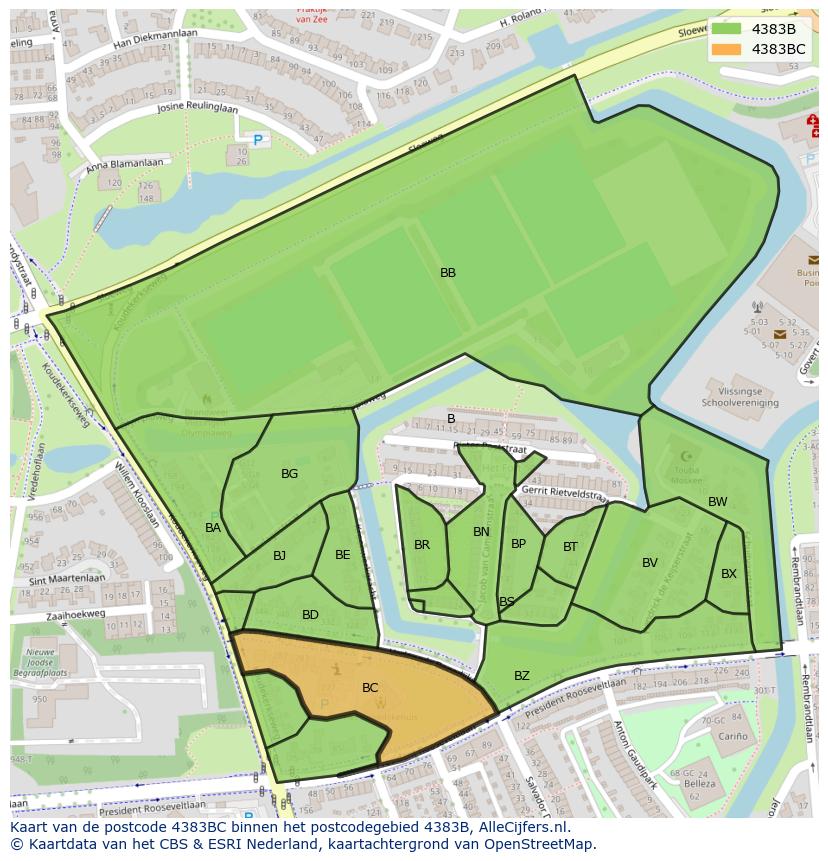 Afbeelding van het postcodegebied 4383 BC op de kaart.