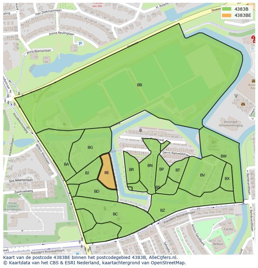 Afbeelding van het postcodegebied 4383 BE op de kaart.