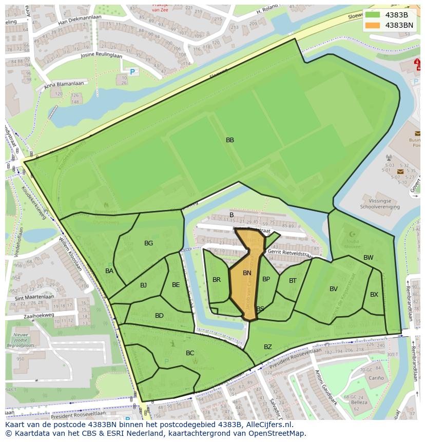 Afbeelding van het postcodegebied 4383 BN op de kaart.