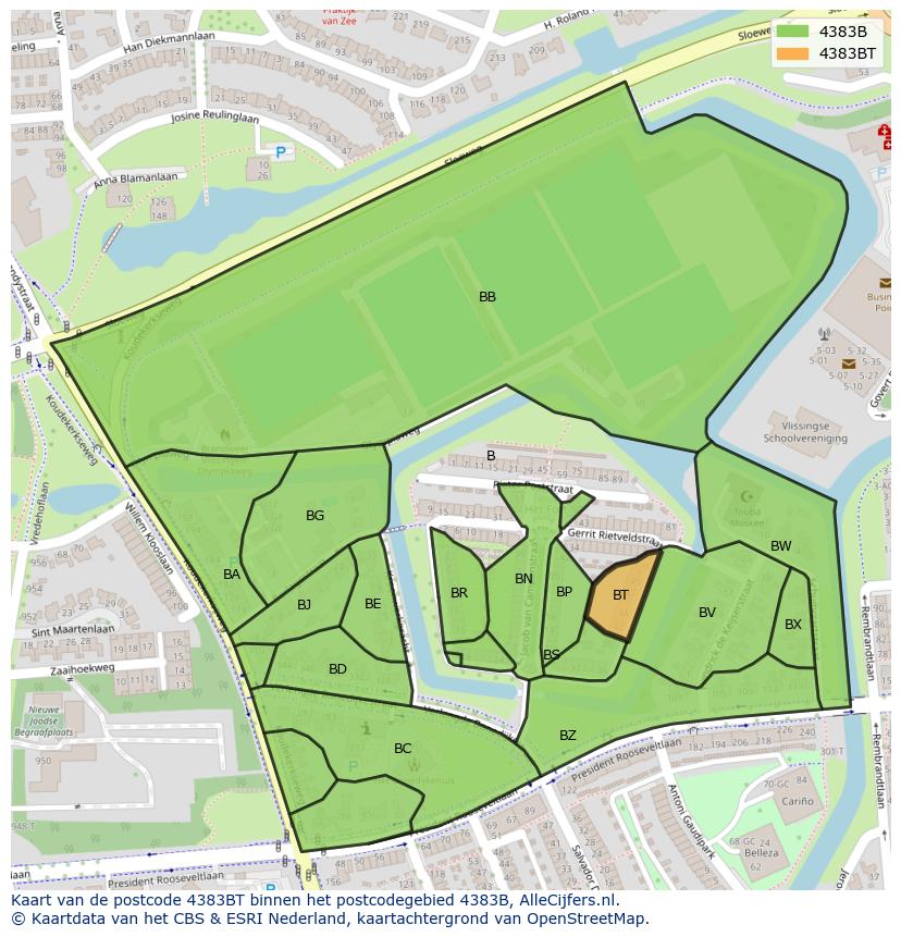 Afbeelding van het postcodegebied 4383 BT op de kaart.