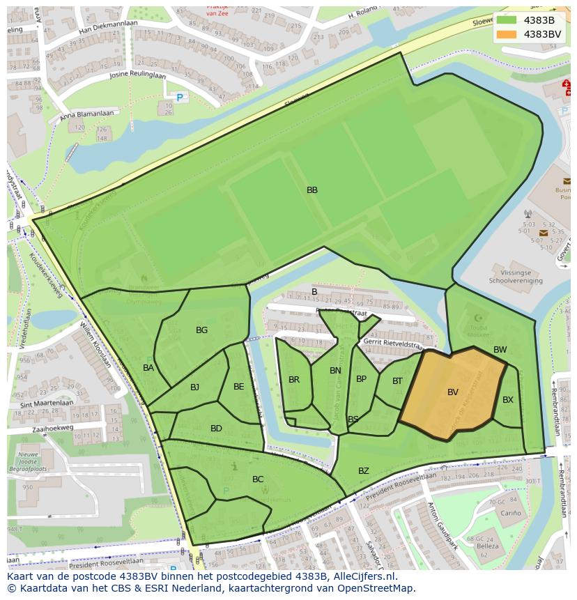 Afbeelding van het postcodegebied 4383 BV op de kaart.