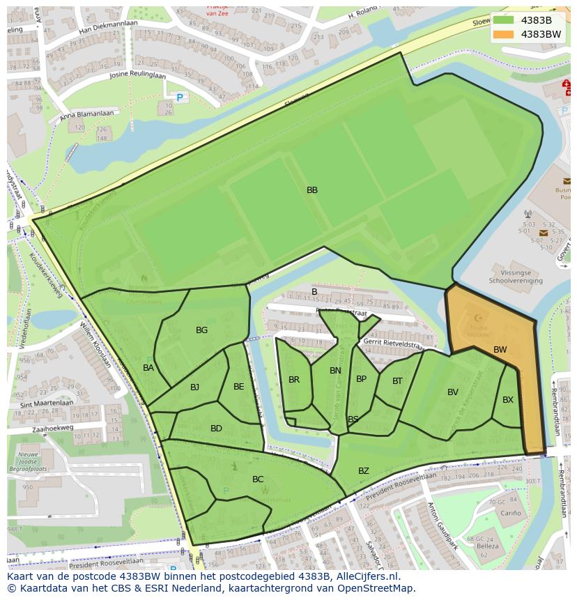 Afbeelding van het postcodegebied 4383 BW op de kaart.