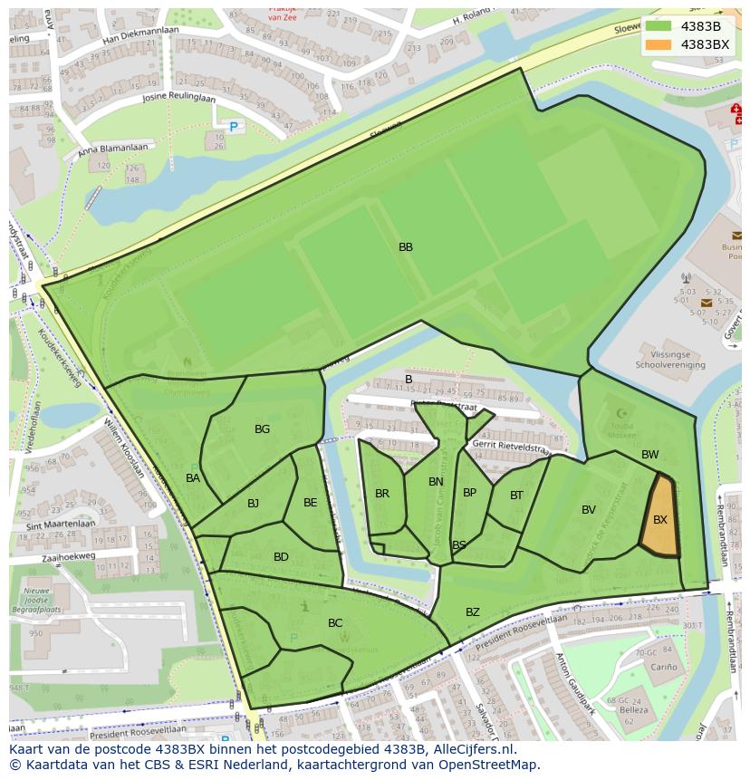 Afbeelding van het postcodegebied 4383 BX op de kaart.
