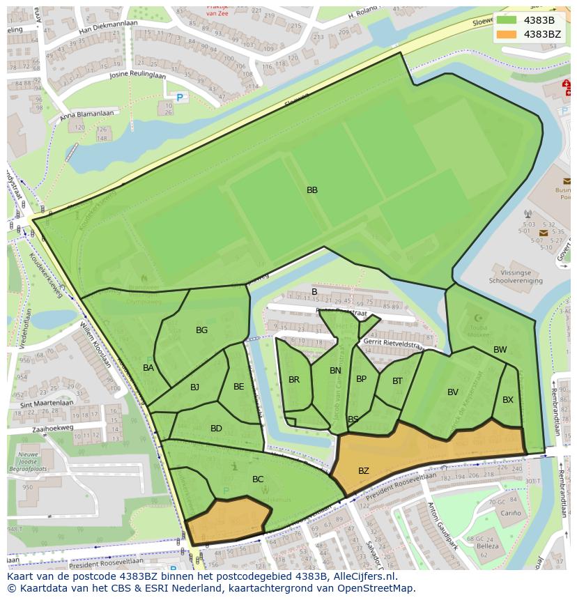 Afbeelding van het postcodegebied 4383 BZ op de kaart.