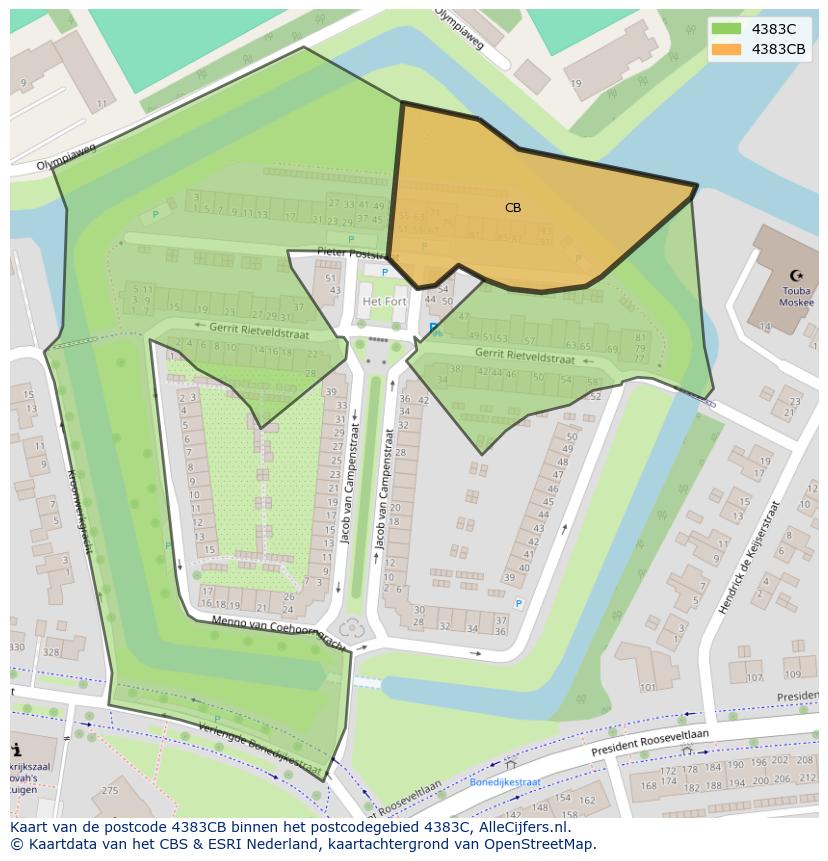 Afbeelding van het postcodegebied 4383 CB op de kaart.