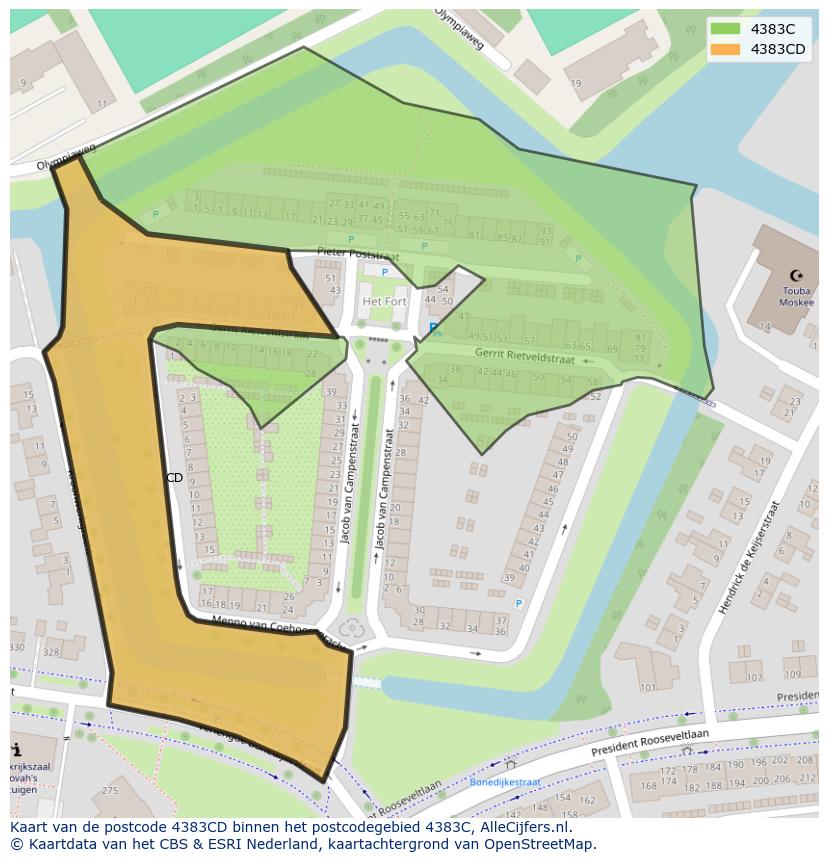 Afbeelding van het postcodegebied 4383 CD op de kaart.